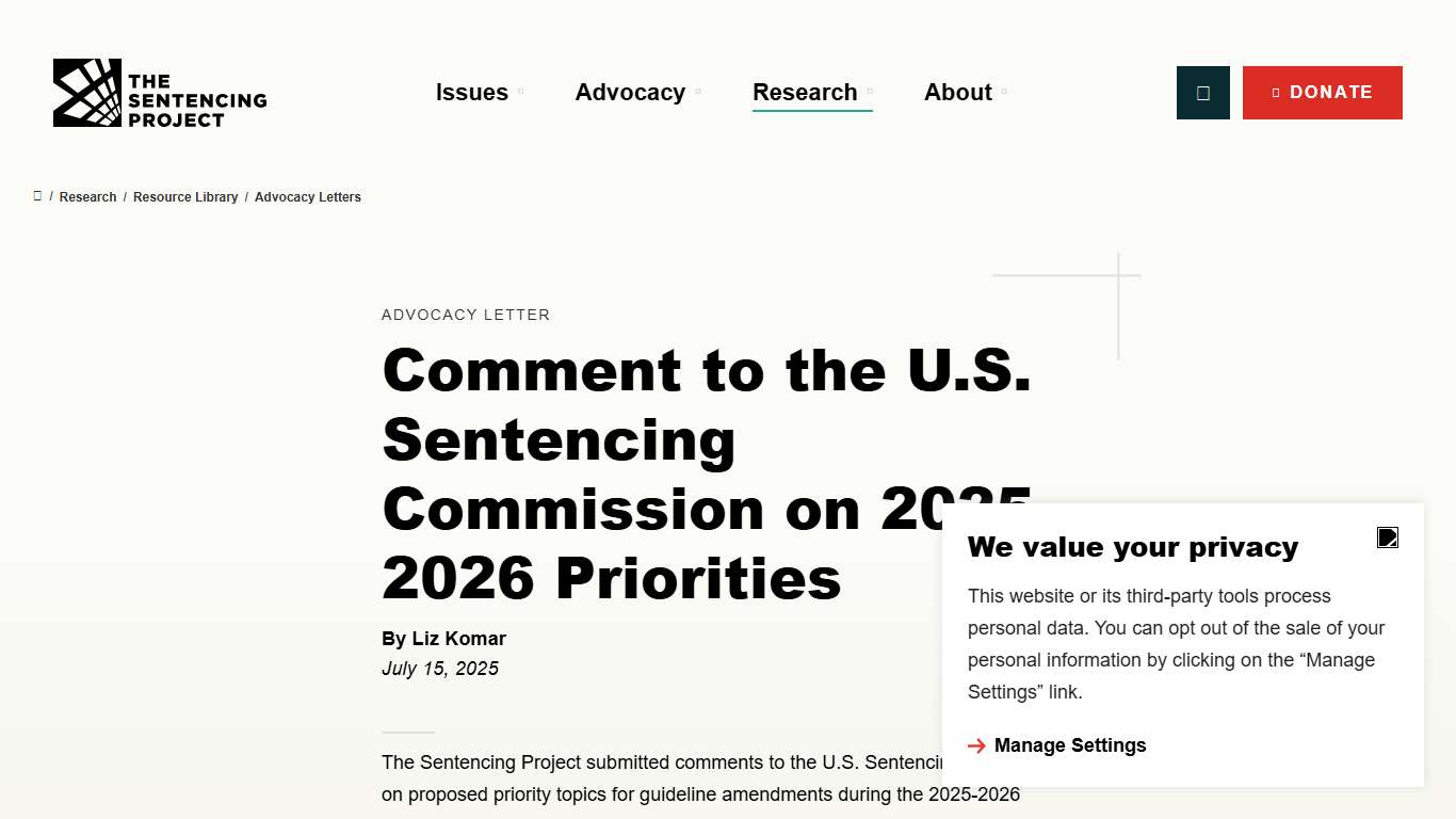 Comment to the U.S. Sentencing Commission on 2025-2026 Priorities – The Sentencing Project