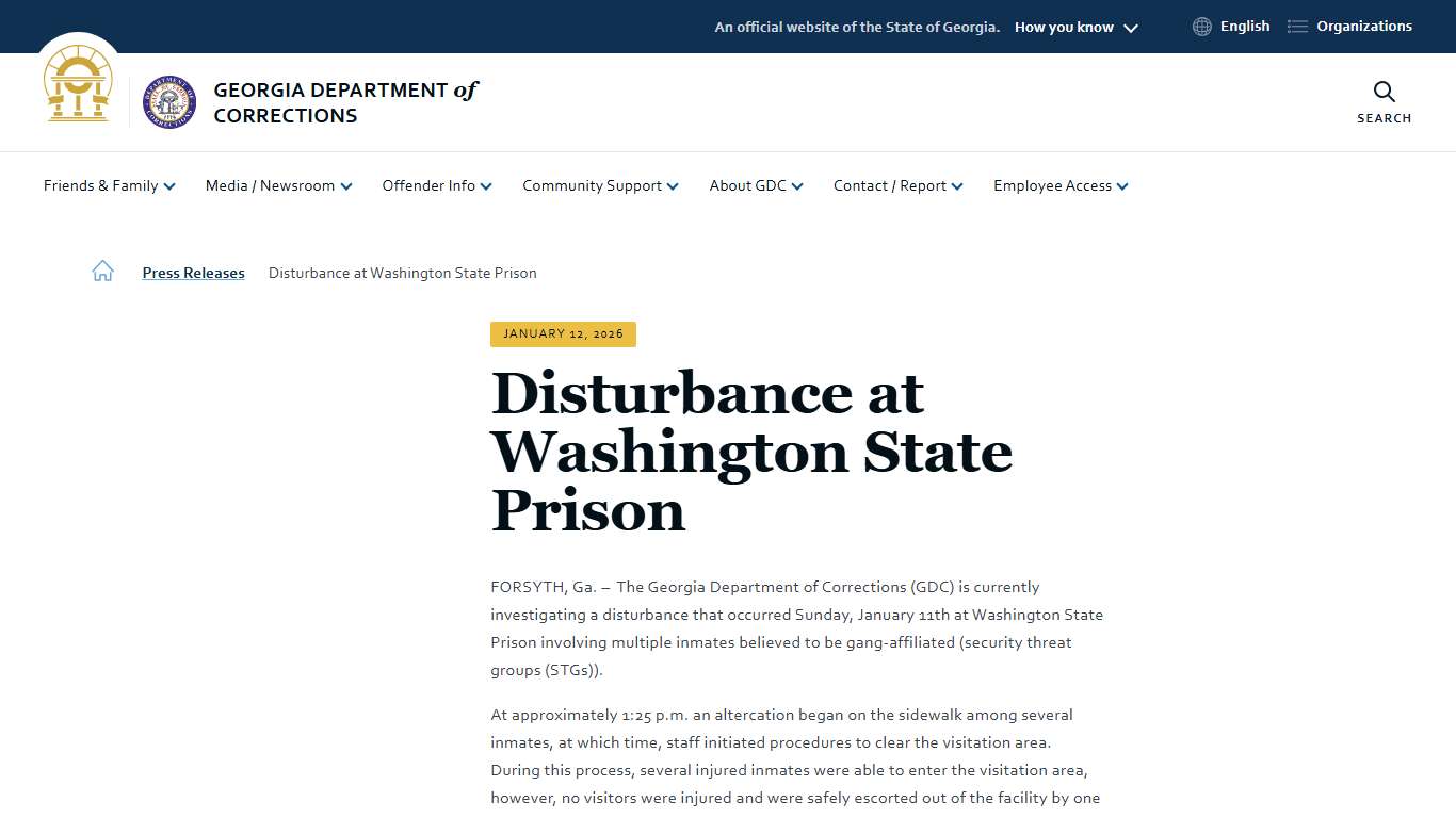 Disturbance at Washington State Prison Georgia Department of Corrections